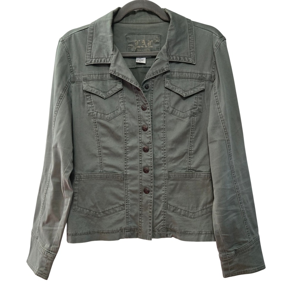 Live a Little Womens M Retro Chic Olive Green Utility Military Jacket Snap Front